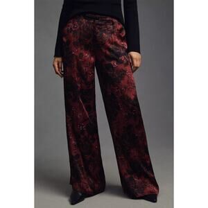 By Anthropologie Low-Rise Pleated Floral Satin Trousers Wide Leg Size 6